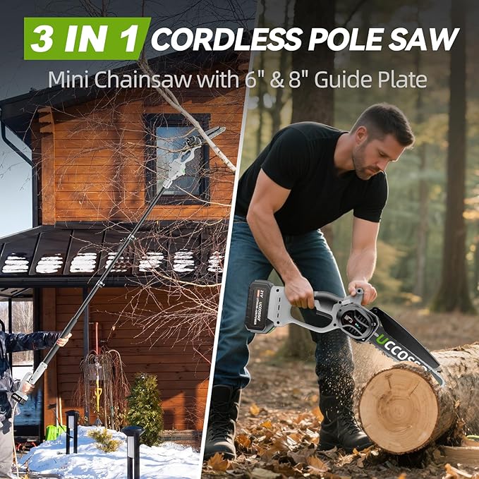 3-in-1 Electric Pole Saws for Tree Trimming 6&8" Mini Chainsaw Cordless with Extension Pole, 850W Brushless Motor,Auto Oiling,Total Reach of Max 15ft, Pole Saw for Home & Garden & DIY