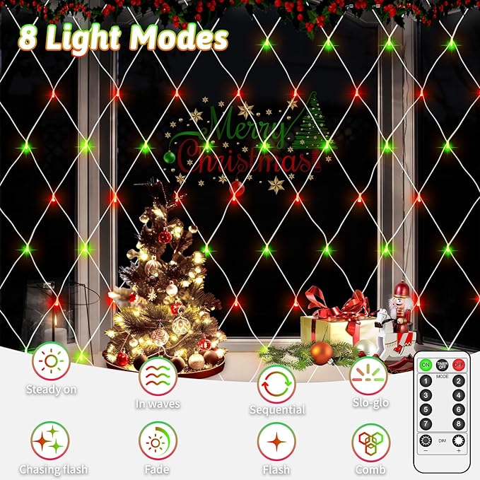 JXLEDAYY Christmas Net Lights Outdoor Decorations 3M*2M Mesh Lights Fairy String Lights Plug in with Timer Waterproof for Outside Bush Window Wall Patio Party Decor (Red ＆ Green, 200 LED 3M*2M)