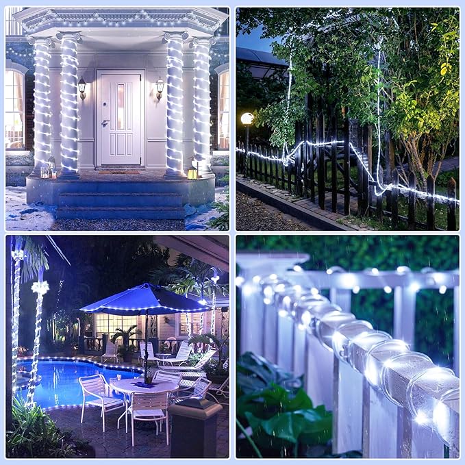 Rope Lights for Outside, 66FT 200 LED Christmas String Lights with Waterproof 8 Modes, Flexible and Connectable Plug in Fairy Light for Outdoor Indoor Patio Pool Garden Party Holiday Decor, White