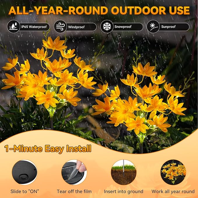 Neporal Solar Flowers Outdoor Waterproof IP65, 5-Head Snow Lotus with 20+ Flowers, Warm LED Light & 2 Lighting Modes, Decorative Solar Lights Outdoor Garden, Yard, Pathway, Flower Bed (4-Pack, Yellow)