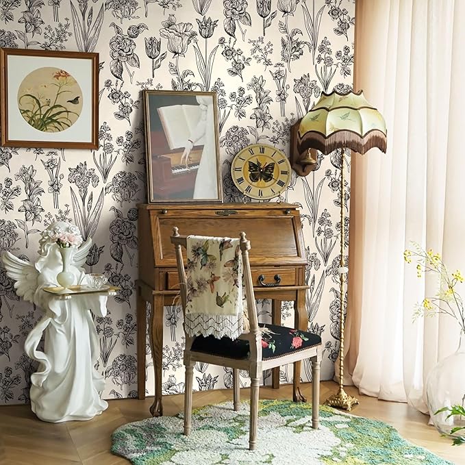 Dimoon 393"x17.3" Floral Peel and Stick Wallpaper Beige Contact Paper Waterproof Wallpaper Delicate Vintage Flower Thicken Plant Self Adhesive Removable Wall Covering Shelf Liner Decal Vinyl Roll