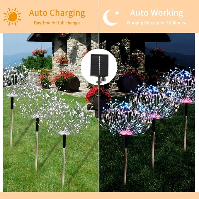 Fireworks Solar Lights Outdoor 4 Pack 480 LED Pathway Lights Solar Powered Starburst Fairy Lights Waterproof 8 Lighting Modes with Remote Control for Patio Christmas Yard Decorative(Multi-Colored)