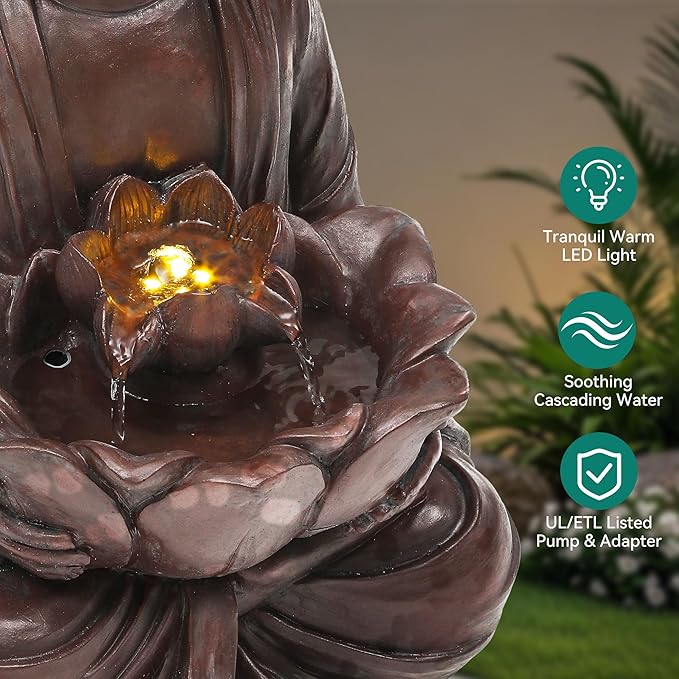 18.9" H Buddha Outdoor Water Fountain with LED Lights and Pump,Zen Style Relaxing Garden Fountain Waterfall for Patio, Porch, or Yard, Faux Bronze