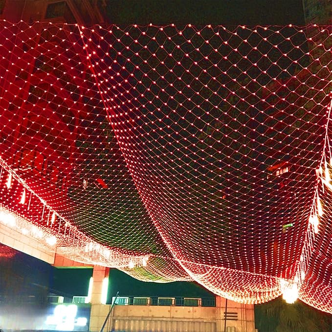 LJLNION Christmas Net Lights, 360 LED 12ft x 5ft Connectable Mesh Fairy String Lights, 8 Lighting Modes, Low Voltage Safe Adaptor for Xmas Trees Bushes Wedding Outdoor Holiday Garden Decorations, Red