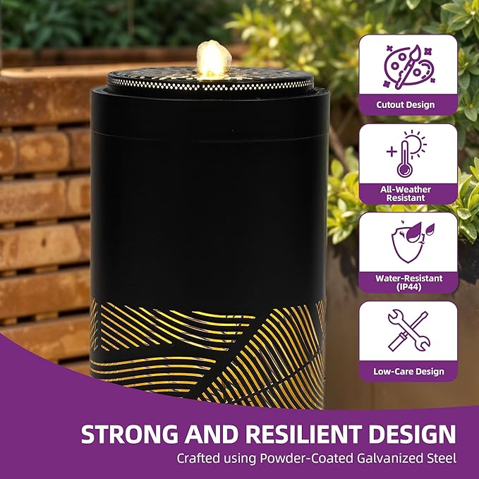 23.6" H Modern Metal Cutout Geometric Patterns Outdoor Water Fountain with LED Lights, Black Bird Bath Garden Fountain, Soothing Water Flow Creates Tranquil Ambiance for Patio, Deck, Porch Décor