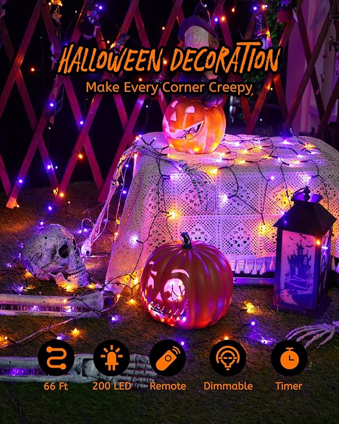 66FT Purple & Orange Hanging Twinkle Lights - 200 LED Fairy String Lights with 8 Modes for Halloween Party, Garden, Bedroom Decorations