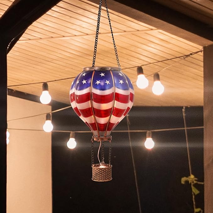 TERESA'S COLLECTIONS America Fourth of July Decorations, Hot Air Balloon Solar Lantern for Garden Decor,Gifts for Women + Memorial Day 17.7'' Hot Air Balloon Solar Lantern