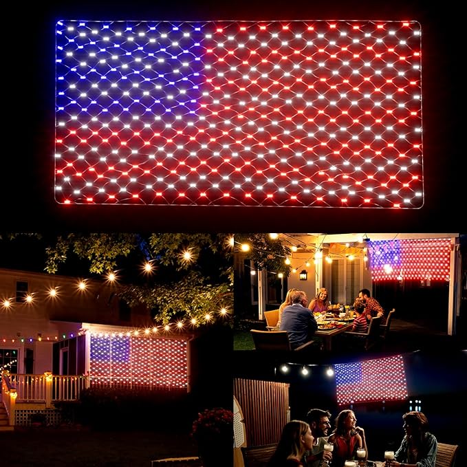 Leisure world 384 LED American Flag Net Lights for Outdoors, 6.6 FT x 3.3 FT Light Up American Flag, American Led Flag Patriotic Lights for Camper, Yard, Garden Memorial Day, Christmas Decorations