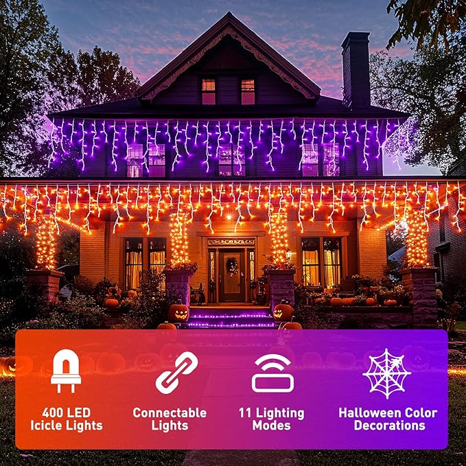 JMEXSUSS Halloween Icicle Lights, 400 LED, Orange to Purple, Waterproof, Outdoor, 43.64 ft, Remote Control, 40 Drops, Multicolor, Traditional Style, Halloween, Christmas Decorations