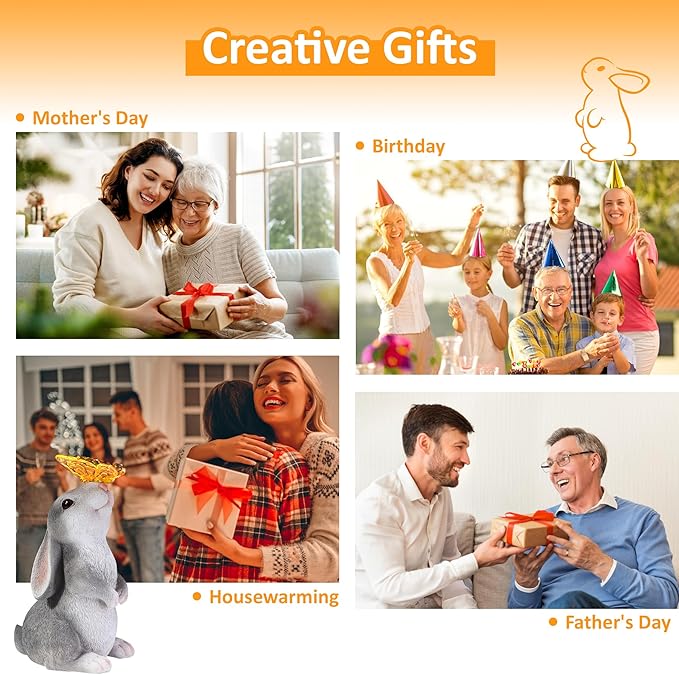 Bunny Outdoor Decor, Solar Rabbit Garden Statue, Cute Easter Gift Outside Lawn Ornaments for Patio Clearance Yard Porch, Housewarming Gift to Mom Women Birthday Mother's Day