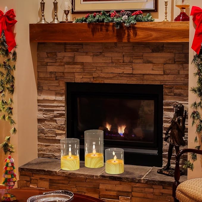 Battery Operated Candles with 6H Timer, 3 Pack Glass LED Flikcering Flameless Candles, Clear Pillar Candles with 3D Flame for Spring Wedding Home Bedroom Decor(Set of 3)