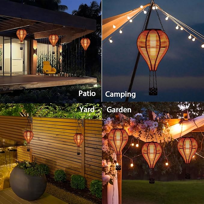pearlstar Solar Hot Air Balloon Lantern with Flame Light Outdoor Hanging Solar Powered Lights Woven Solar Lantern Waterproof for Patio Yard Farmhouse Garden Wedding Holiday Decoration