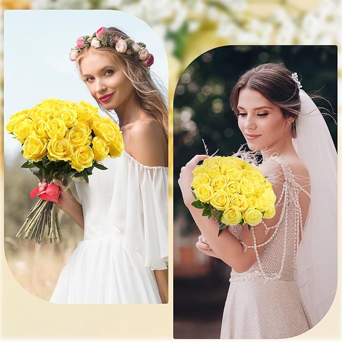 36 Pcs Silk Yellow Rose Bouquet Bridal Artificial Flowers,Fake Rose Long Stem Realistic Flowers Bulk for Wedding Bouquet Ball Arrangement Centerpiece Party Decor