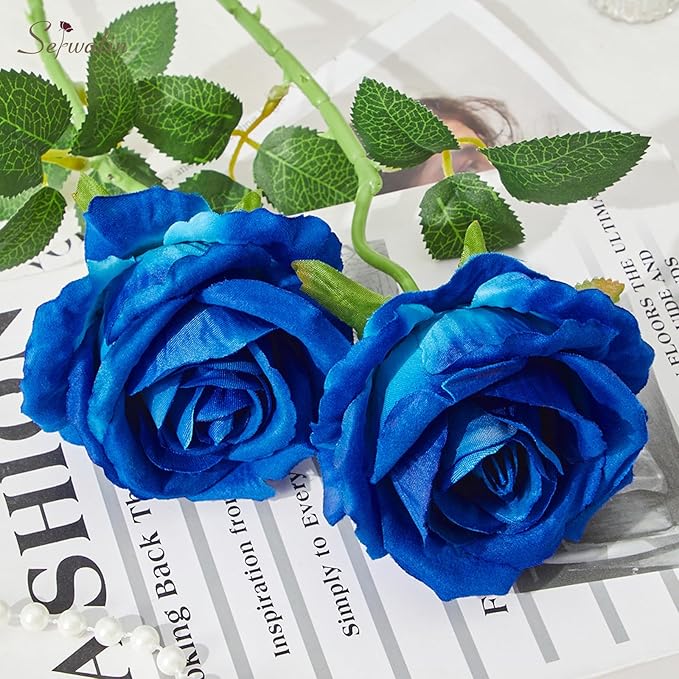 Serwalin 20pcs Artificial Roses, 4'' Big Flower Head, Blue Velvet Roses, Silk Fake Roses Long Stem Bouquet for and Wedding Arrangements Table Centerpiece