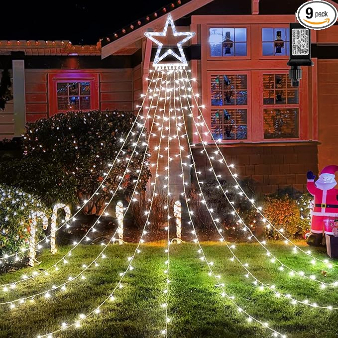 BlcTec Outdoor 317 LED Waterfall Tree Lights, 9 Strands with Timer - 8 Modes, Waterproof Christmas Lights for Garden, Patio, Yard Decor - Cool White