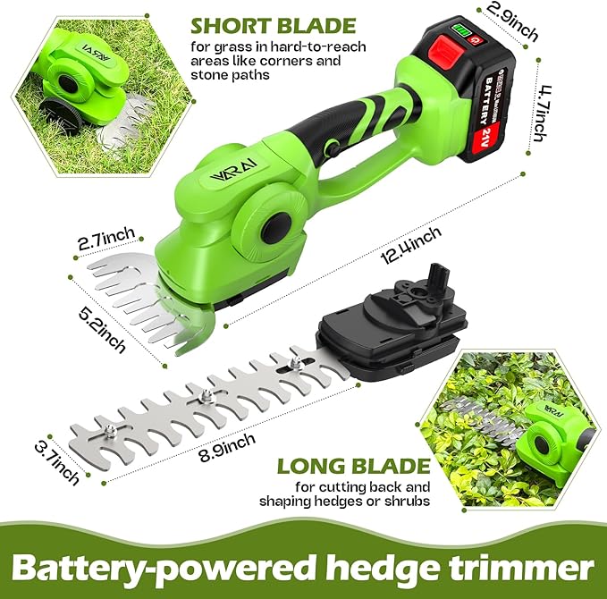 Cordless Hedge Trimmer, 2-in-1 Hedge Trimmer, Ultra Long Battery Life with Battery*2, high-Power and high-Capacity Grass Trimmer for Gardens, Yards and lawns, Including Charger
