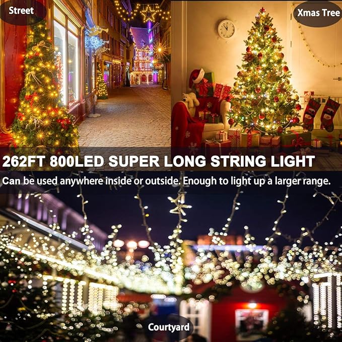 Decute 800 LED 272FT Christmas String Lights - 8 Modes with Timer Function, Waterproof Fairy Lights for Christmas Tree, Party, Wedding, Yard, Garden, Indoor/Outdoor Decorations, Warm White