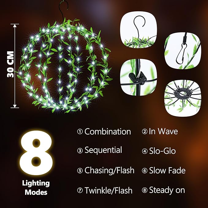 Flacchi Hanging Iron Sphere Lights with Artificial Greenery – 12Inch 120 LED Waterproof Outdoor/Indoor Decor Ball Light with Timer & 8 Modes – 2 Pack for Garden, Christmas, Weddings (Cool White)