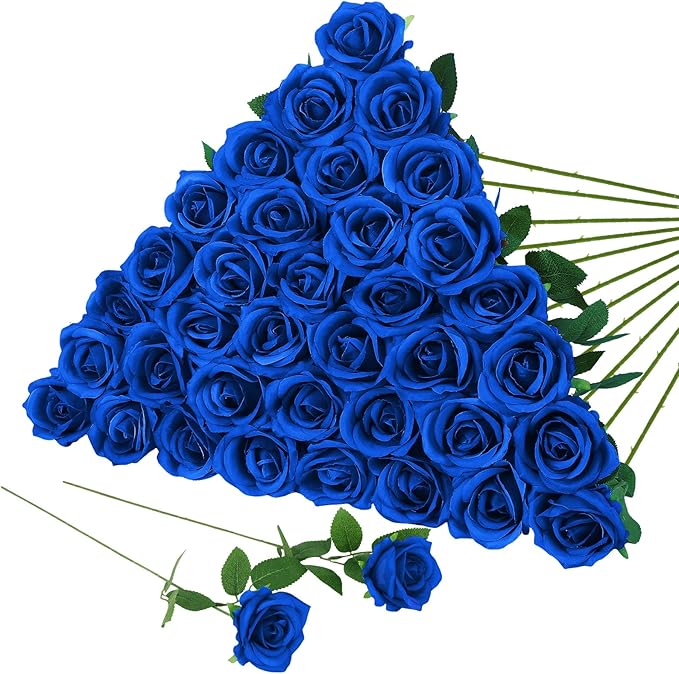 36 Pcs Royal Blue Artificial Roses with Long Stems, Blue Fake Silk Rose Artificial Flowers Bulk for Bridal Wedding Bouquet Centerpiece Ball Arrangement Party Decor