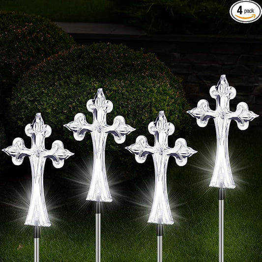 Riakrum 4 Piece Solar Cross for Cemetery Grave Grave Crosses for Cemetery Memorial Stake Solar Lights Waterproof Outdoor Garden Stake Cemetery Cross for Grave Yard Decorations, 16 Inches Long