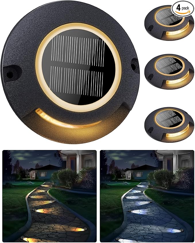 Solar Deck Dock Walkway Decorative Lights Outdoor Waterproof 4 Pack, 2 Colors in 1 Single-Sided LED Solar Driveway Lights, Road Driveway Marker for Warning Stair Pathway Patio Yard, Black