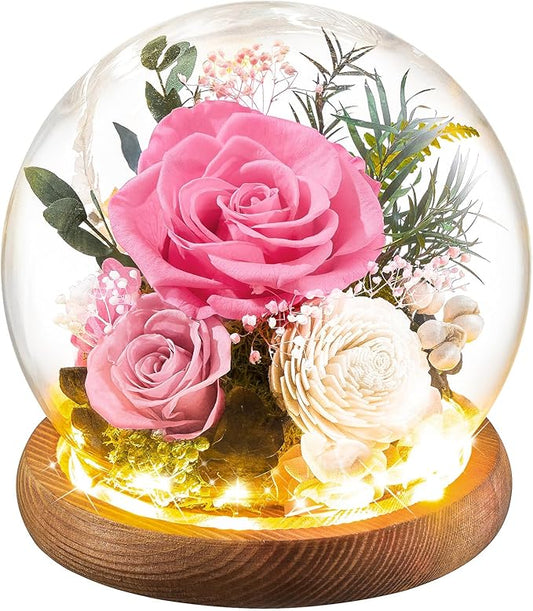 Preserved Flowers Rose Birthday Gifts for Women, Forever Flowers in Glass Ball, Long-Lasting for Mom Her Wife Grandma Anniversary Valentines (Pink)