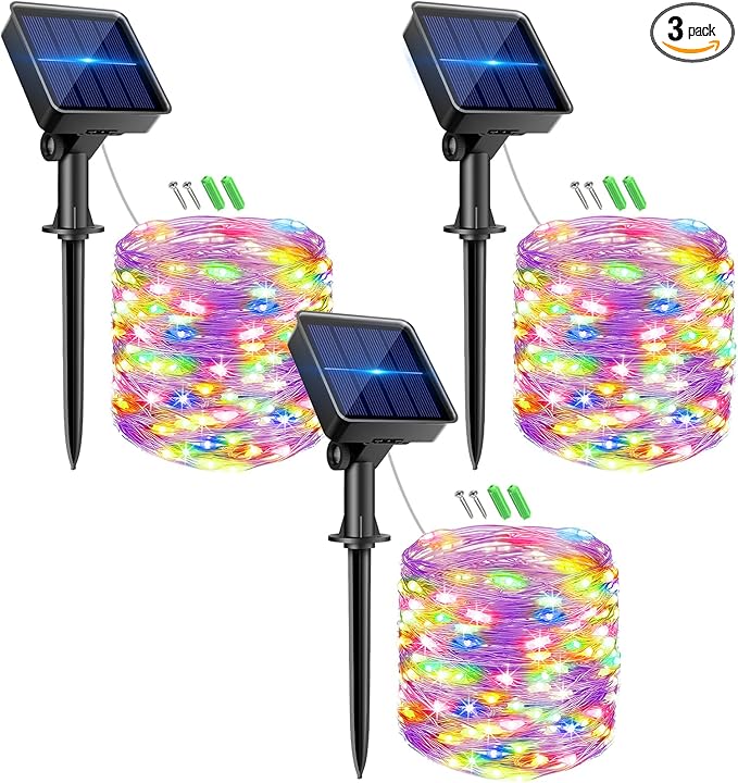 kolpop Solar Fairy Lights Outdoor Waterproof, 3 Pack 32FT 80LED Solar Powered String Light, 8 Modes Copper Wire Solar Twinkle Lighting for Tree Garden Yard Outside Christmas(Multicolor)