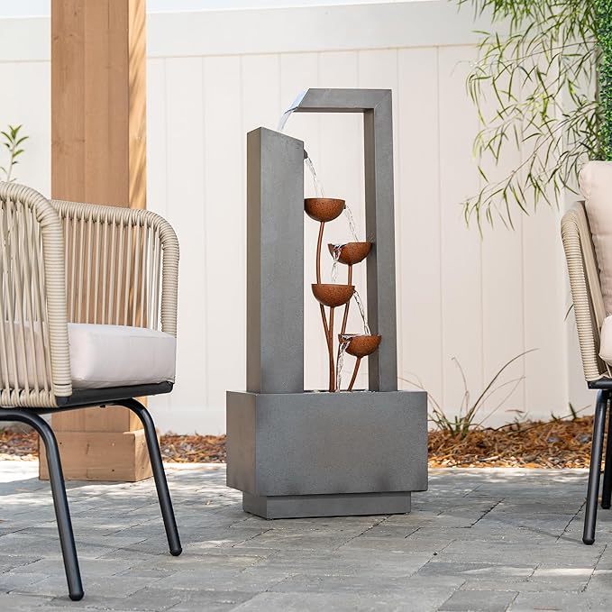 XBrand Sculptural Freestanding Metal Multi-Tiered Water Fountain w/Flowers, No LED Lights, Gray and Bronze, 38" Tall