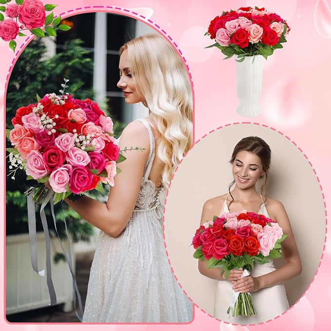 36 Pcs Mixed Pink Red Artificial Roses with Long Stems, Fake Silk Rose Artificial Flowers Bulk for Bridal Wedding Bouquet Centerpiece Ball Arrangement Party Decor