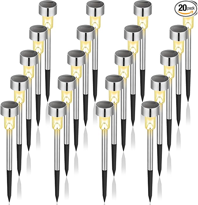 GIGALUMI Solar Pathway Lights 20 Pack, Stainless Steel IP44 Waterproof Auto On/Off Outdoor LED Solar Landscape Lights for Garden, Yard, Patio, Path and Walkway. (Warm White)