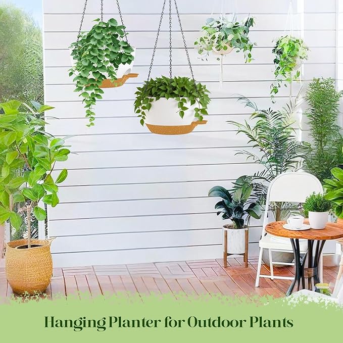10 Inch Hanging Planters with Chains 2 Pack Self Watering White Brown Plastic Hanging Pots for Indoor Outdoor Plants, Garden Porch Home Decor (White Brown)