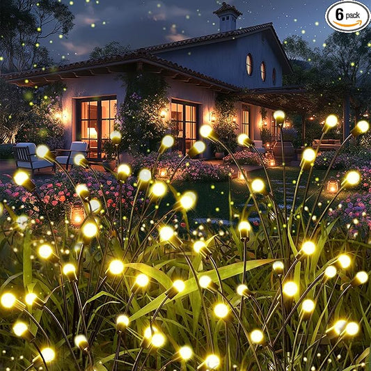 Solar Garden Lights, 6Pack 48LED Outdoor Firefly Lights Solar Decorations Lights Waterproof Firefly Lights Swaying in The Wind, Big Bulb Vibrant Firefly Lights for Yard Patio Pathway Decor Warm White
