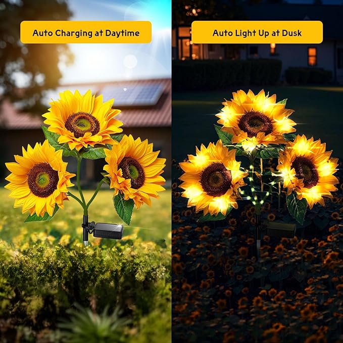 Solar Flowers Outdoor Waterproof Decorative - 3 Pack Solar Garden Lights with 9 Sunflower Lights, Outdoor Solar Lights Garden Decor, Outdoor Solar Lights for Yard Decorations Outdoor