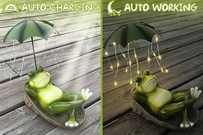 Frogs Garden Outdoor Decor Statue - Solar Frog Umbrella Pond Statues LED Waterproof, Resin Cute Animal Sculpture Lights, Ideal Ornament for Yard Lawn Patio, Women/Gardening Decoration Gifts