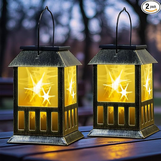 Solar Lanterns Outdoor Waterproof, 3D Star Light with Flashing Mode, Solar & USB C Charging, Metal Hanging Lantern for Wall Landscape Yard Patio Driveway Garden Decor, Warm Light 2 Pack