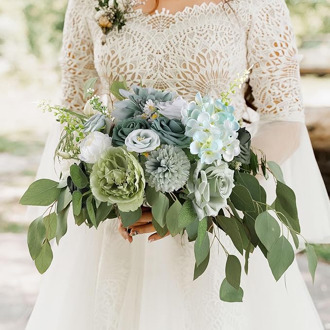 AGIRL Artificial Flowers Combo Silk Mix Green Fake Flower with Stems for DIY Wedding Bouquets Centerpieces Arrangements Table Chair Decor Baby Shower Home Decor (Sage Green)