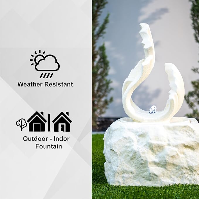 XBrand 25 in H Stone-Look Sculptural Modern Freestanding Fiber Resin Outdoor Garden Fountain w/LED Light, White