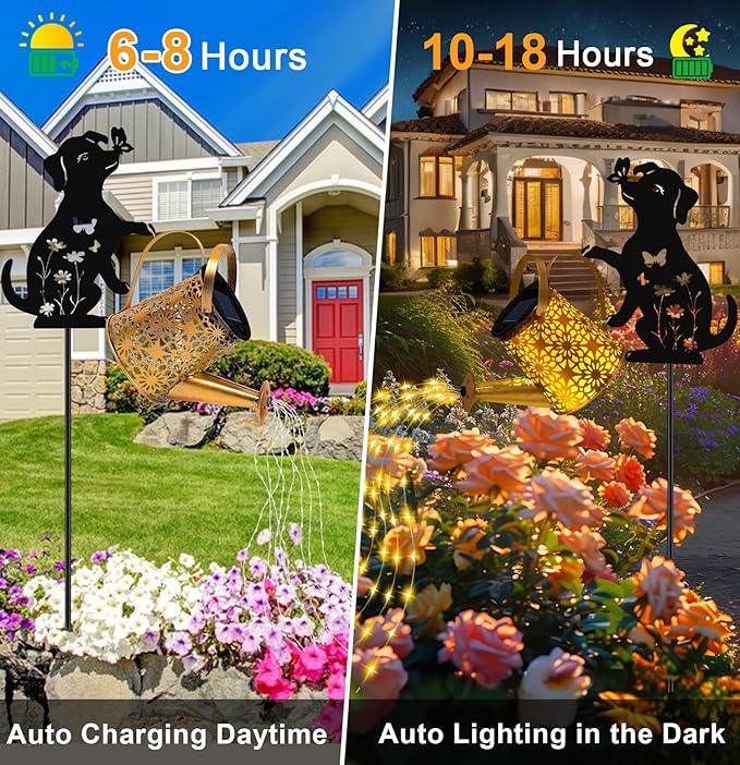 Solar Lights Outdoor Decorative, Watering Can with Cascading Lights, with Dog Silhouette Garden Stakes, Waterproof Metal Garden Decor for Yard Art, Outside, Patio, Lawn Ornaments