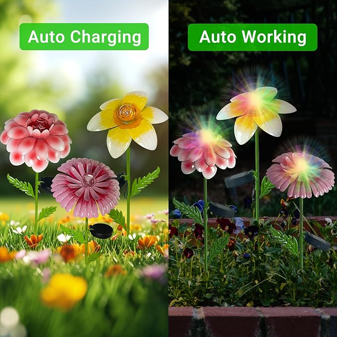 6Pcs 25" Solar Garden Decor for Outside, 3D Metal Flowers for Outside, Valentines Day Decorations Outdoor, Solar Stakes Garden Decor, Yard Art for Lawn Patio Porch Gifts for Her