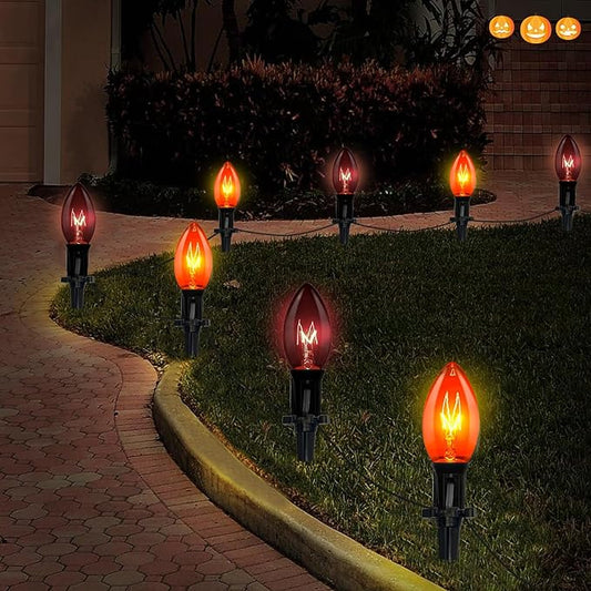 C9 Halloween Pathway Lights Outdoor, 19.5Ft Marker String With Orange and Black Stakes, Walkway Lights for Lawn Yard Sidewalk Garden Decoration