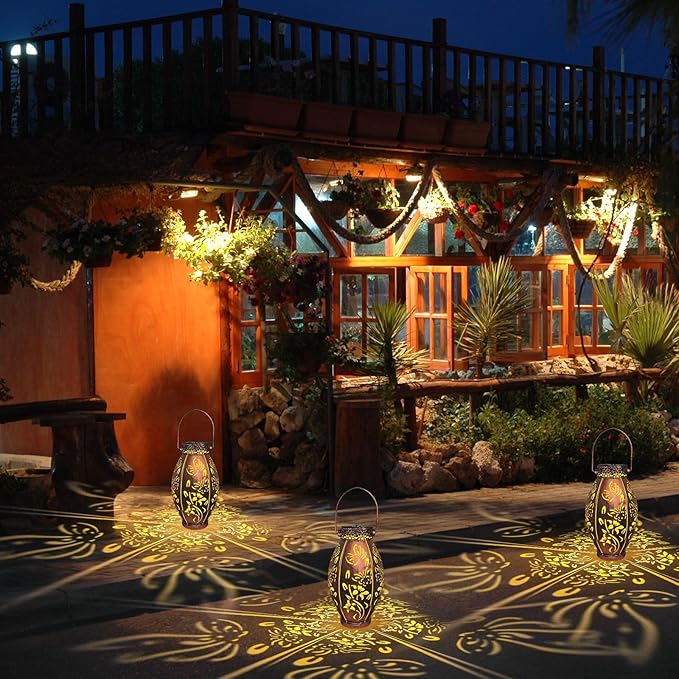 Butterfly Lantern 2 Pack Solar Lanterns Outdoor Hanging Solar Lights, Upgraded Metal Garden Lanterns - Waterproof LED Decorative Light for Garden Patio Yard Gifts for Mom Grandma Women
