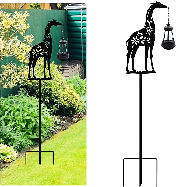 Solar Giraffe Garden Stakes Outdoor Solar Decor Metal Giraffe Holding Solar Lantern Decorative Garden Metal Animal Stakes Outdoor Giraffe Silhouette Stakes