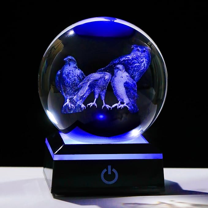 Qianwei OWL Eagle Gifts for Women 3D Crystal Ball 3.14'' - Laser OWL Eagle Decor Glass Animals OWL Eagle Gifts Figurines Statue Stuff for Room Decorations OWL Eagle Night Light