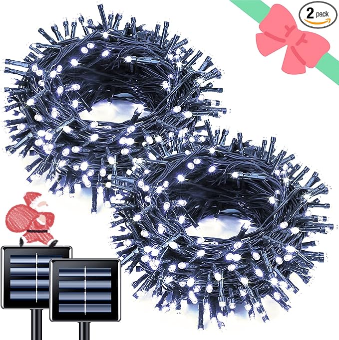 JMEXSUSS 2 Pack White Solar String Lights, Each 100 LED 33ft Green Wire Solar Lights Outdoor Waterproof for Outside Garden Wedding Party Decoration