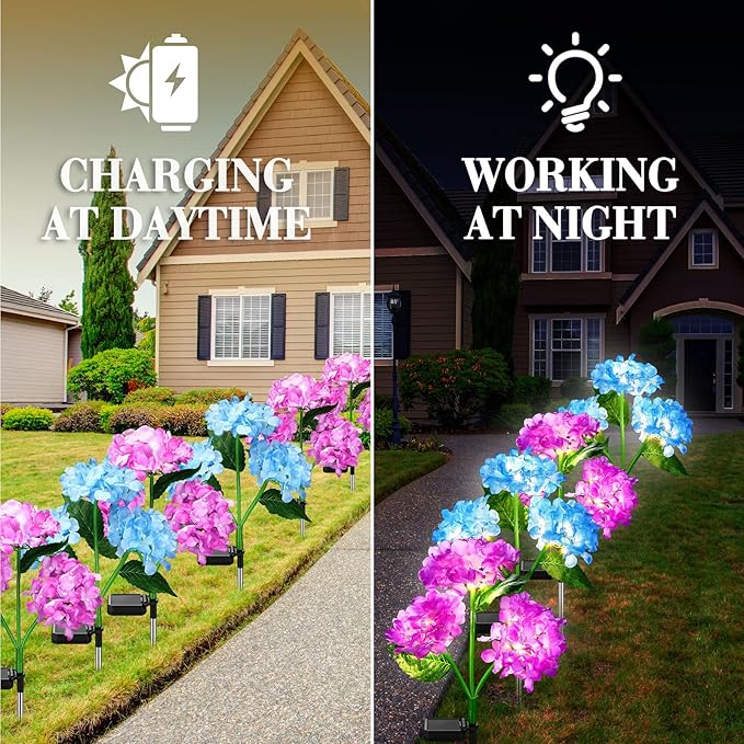 Treela 4 Pack Solar Lights Flowers Outdoor Waterproof Hydrangea Garden Stake Lights Realistic LED Flowers Powered Decorative Ground Solar Flower for Lawn Yard Backyard Decoration Gift(Blue, Purple)
