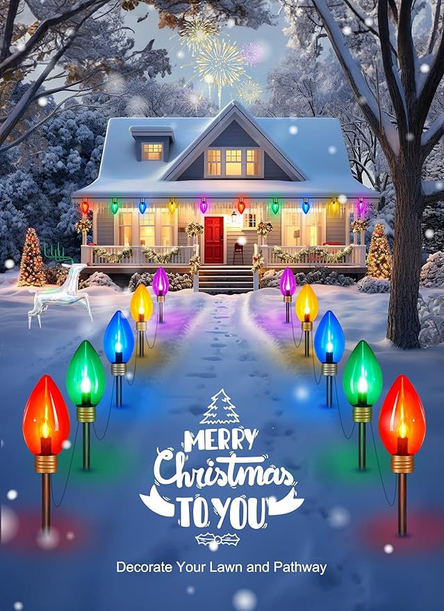 Minetom 2 Pack 11Feet 5 LED Super Jumbo Christmas String Lights or Pathway Marker Lights, Outdoor Xmas Decorations- Jumbo C9 Hanging Lights Waterproof Lawn Dec for Holiday Home Tree Roof Yard Garden