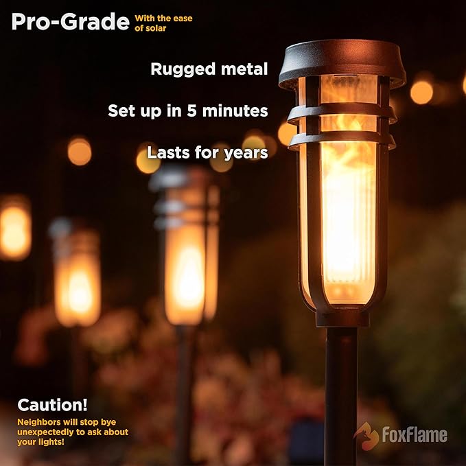 Metal Solar Torch Lights - Adjustable Height (24" - 50"), Outdoor Garden Decor with Patented LED, Waterproof Solar Tiki Torches for Yard, Patio, Garden Pathway, Matte Black – 2 Pack