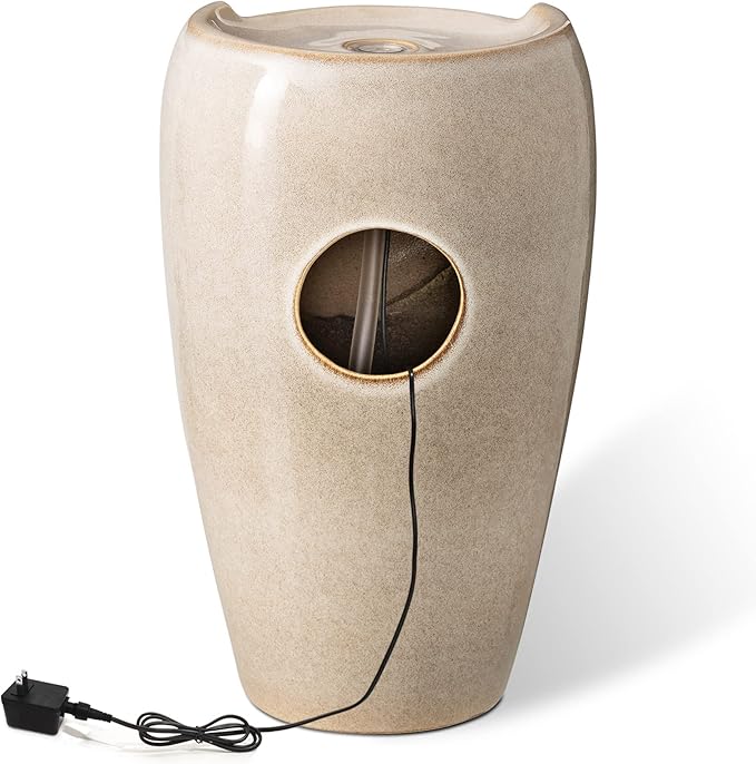 Glitzhome 21.25" H Ceramic Vase Outdoor Water Fountain Tall Patio Garden Water Fountain with LED Light and Submersible Pump Yard Art Decor, Sand Beige