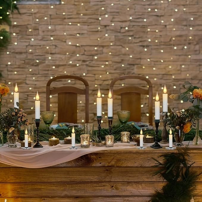 DRomance Christmas Tree Flameless Taper Candle Lights Battery Operated with 10-Key Remote and Timer, 10 Pack Plastic 3D Wick Flickering LED Taper Candles Multi-Using Home Garden Holiday Decor 3.4"