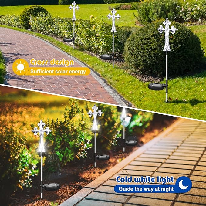 Riakrum 4 Piece Solar Cross for Cemetery Grave Grave Crosses for Cemetery Memorial Stake Solar Lights Waterproof Outdoor Garden Stake Cemetery Cross for Grave Yard Decorations, 16 Inches Long